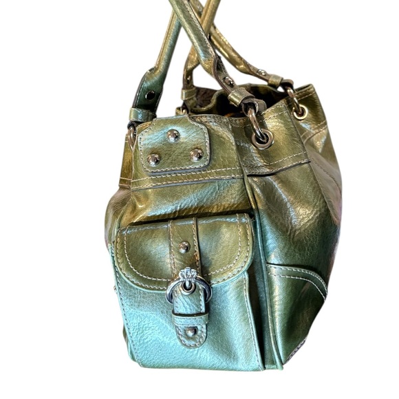 Kathy Van Zeeland Purse Metallic Green Silver Charm Satchel Bag - Picture 11 of 16
